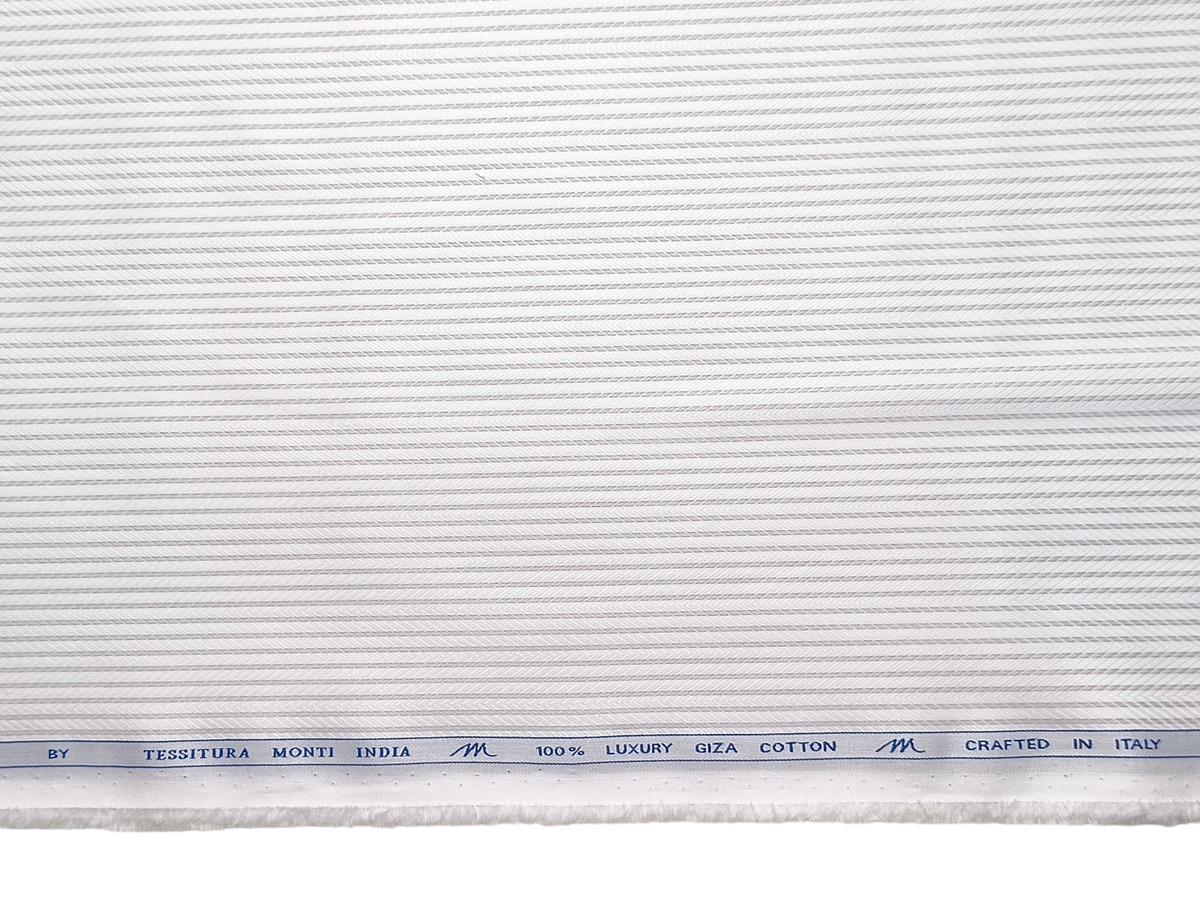 Tessitura Monti 100% Premium Giza Cotton Shirting Fabric (White & Grey , Patterned Stripes)