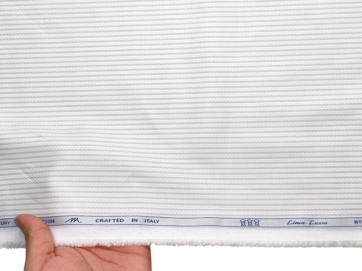 Tessitura Monti 100% Premium Giza Cotton Shirting Fabric (White & Grey , Patterned Stripes)