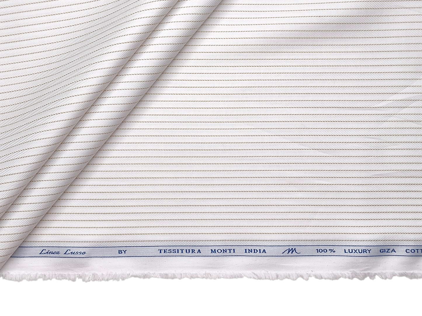 Tessitura Monti 100% Premium Giza Cotton Shirting Fabric (White & Beige, Patterned Stripes)