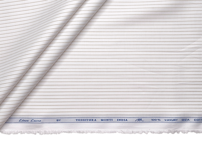 Tessitura Monti 100% Premium Giza Cotton Shirting Fabric (White & Beige, Patterned Stripes)