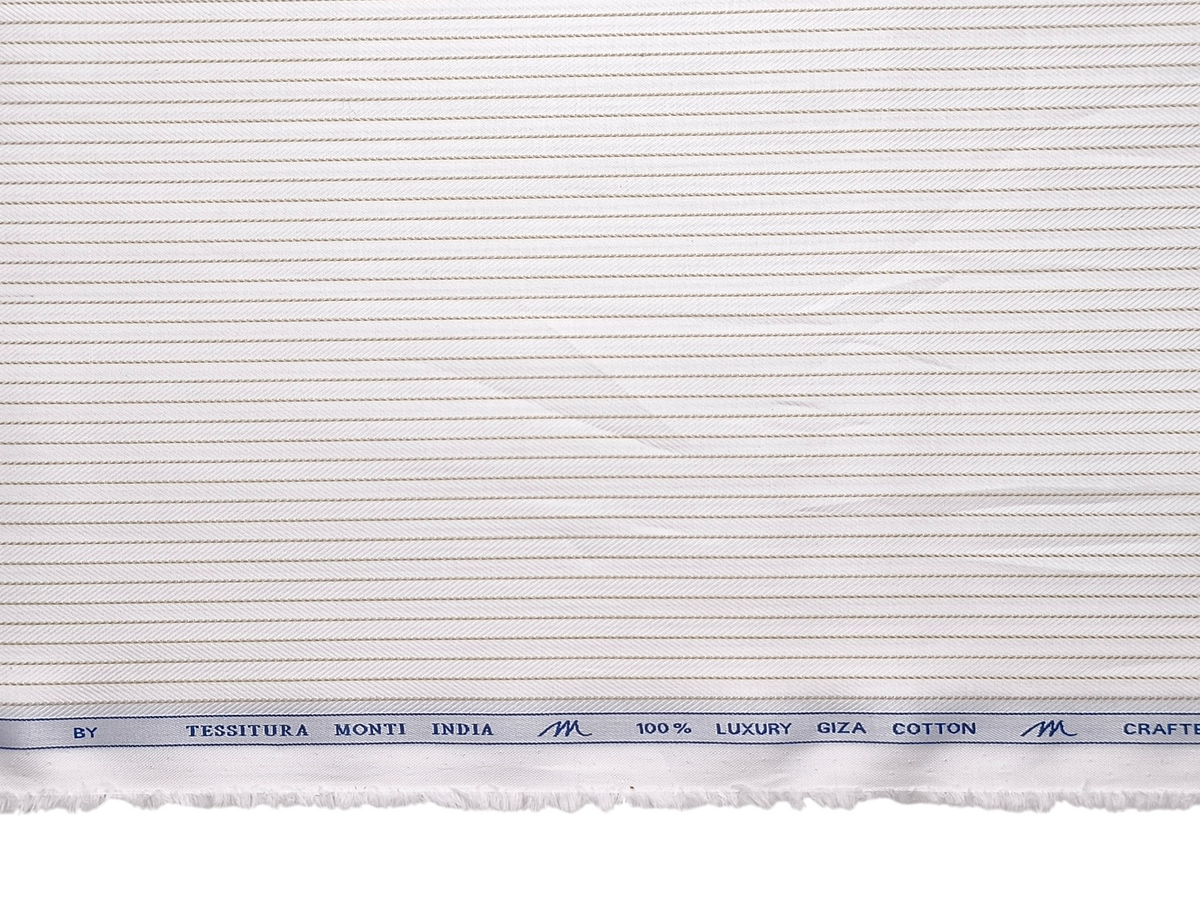 Tessitura Monti 100% Premium Giza Cotton Shirting Fabric (White & Beige, Patterned Stripes)