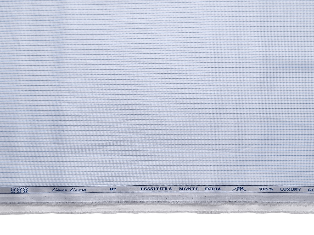 Tessitura Monti 100% Premium Giza Cotton Shirting Fabric (White & Blue, Microstripes)