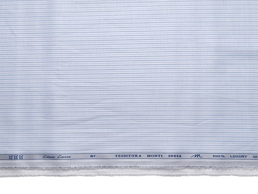 Tessitura Monti 100% Premium Giza Cotton Shirting Fabric (White & Blue, Microstripes)