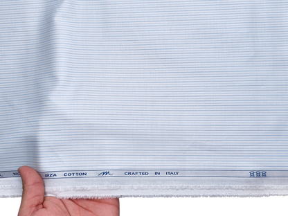 Tessitura Monti 100% Premium Giza Cotton Shirting Fabric (White & Blue, Microstripes)