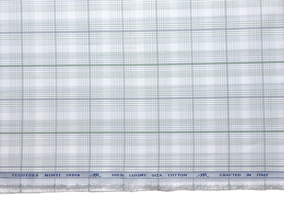Tessitura Monti 100% Premium Giza Cotton Shirting Fabric (White , Grey & Green , Checks)