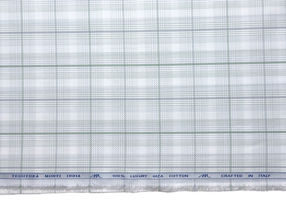 Tessitura Monti 100% Premium Giza Cotton Shirting Fabric (White , Grey & Green , Checks)
