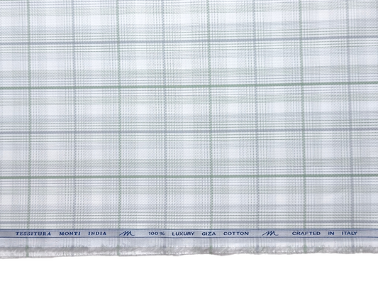 Tessitura Monti 100% Premium Giza Cotton Shirting Fabric (White , Grey & Green , Checks)