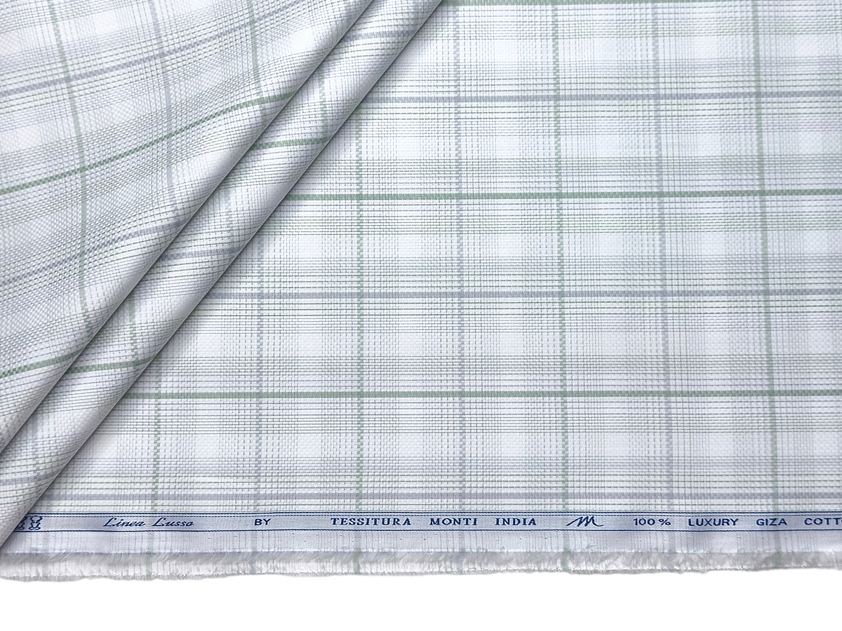 Tessitura Monti 100% Premium Giza Cotton Shirting Fabric (White , Grey & Green , Checks)