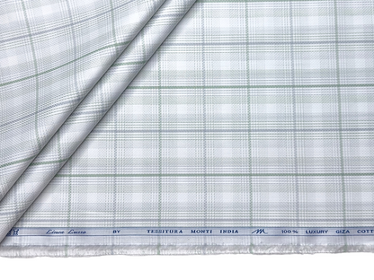 Tessitura Monti 100% Premium Giza Cotton Shirting Fabric (White , Grey & Green , Checks)