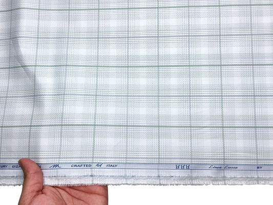 Tessitura Monti 100% Premium Giza Cotton Shirting Fabric (White , Grey & Green , Checks)