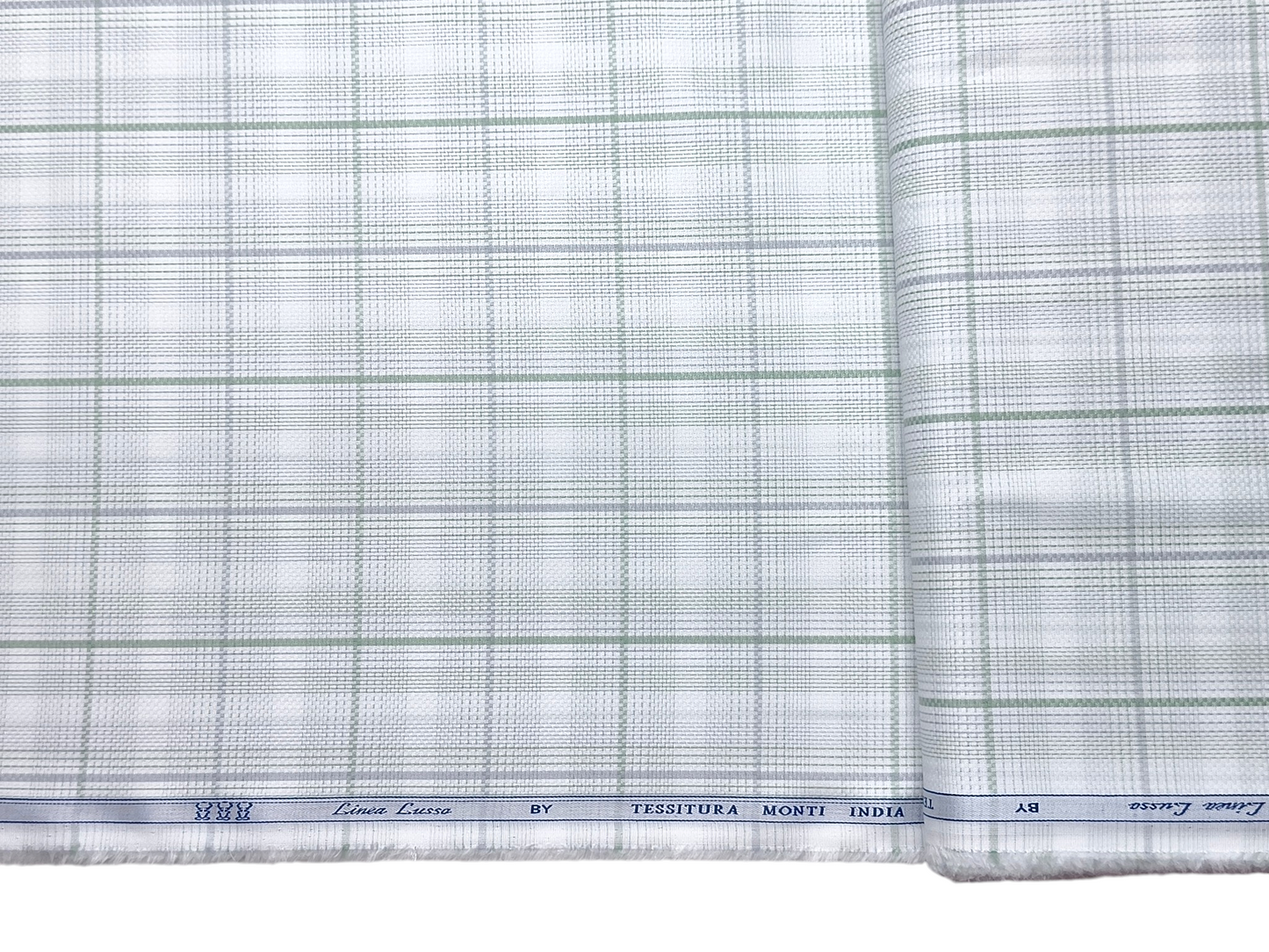 Tessitura Monti 100% Premium Giza Cotton Shirting Fabric (White , Grey & Green , Checks)