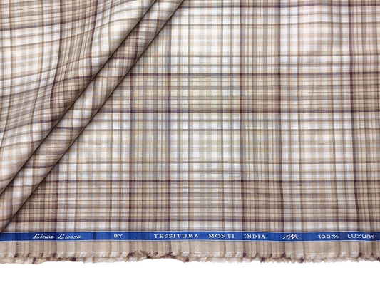 Tessitura Monti 100% Premium Giza Cotton Shirting Fabric (Light Brown, Multichecks)