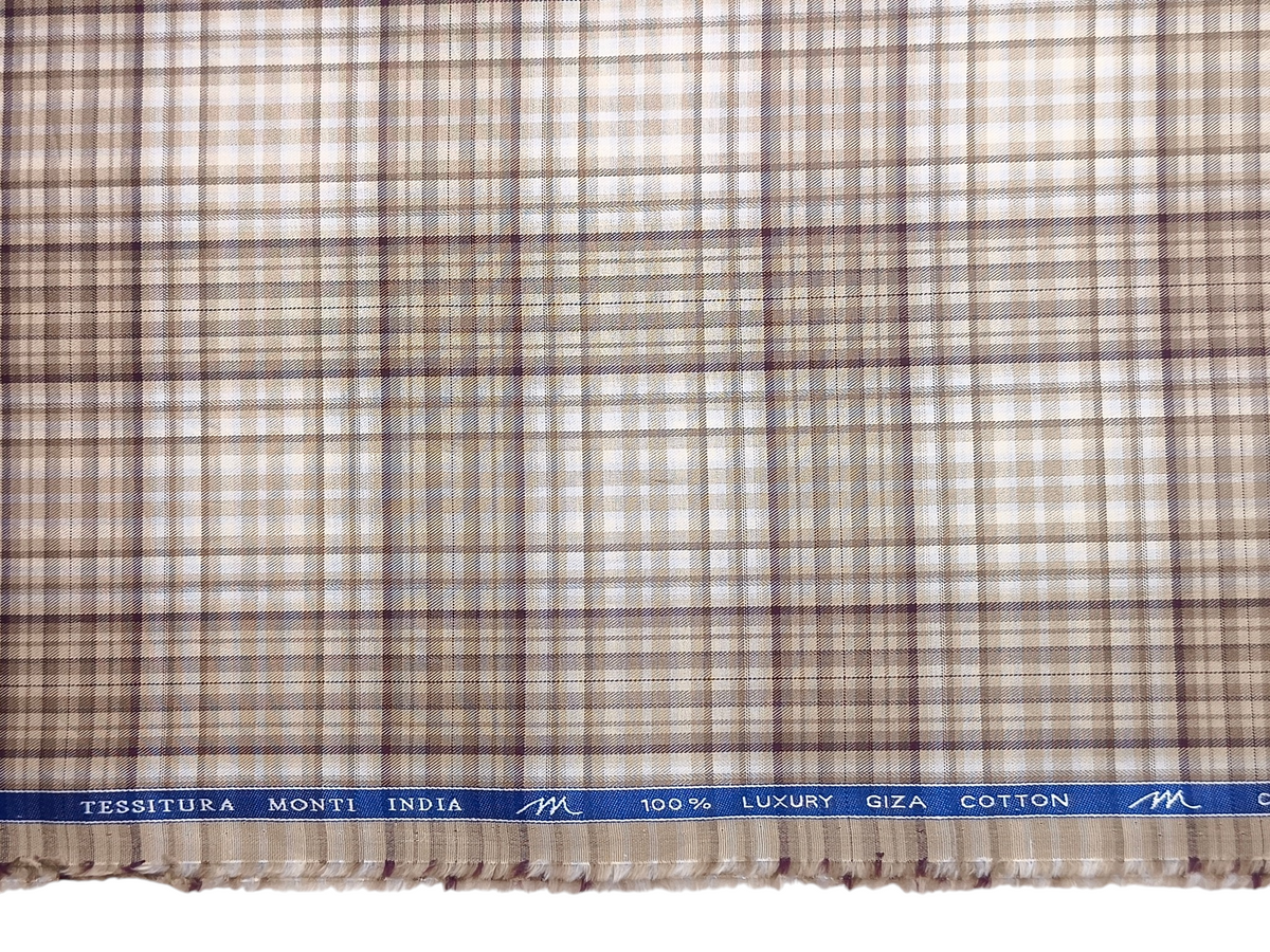 Tessitura Monti 100% Premium Giza Cotton Shirting Fabric (Light Brown, Multichecks)