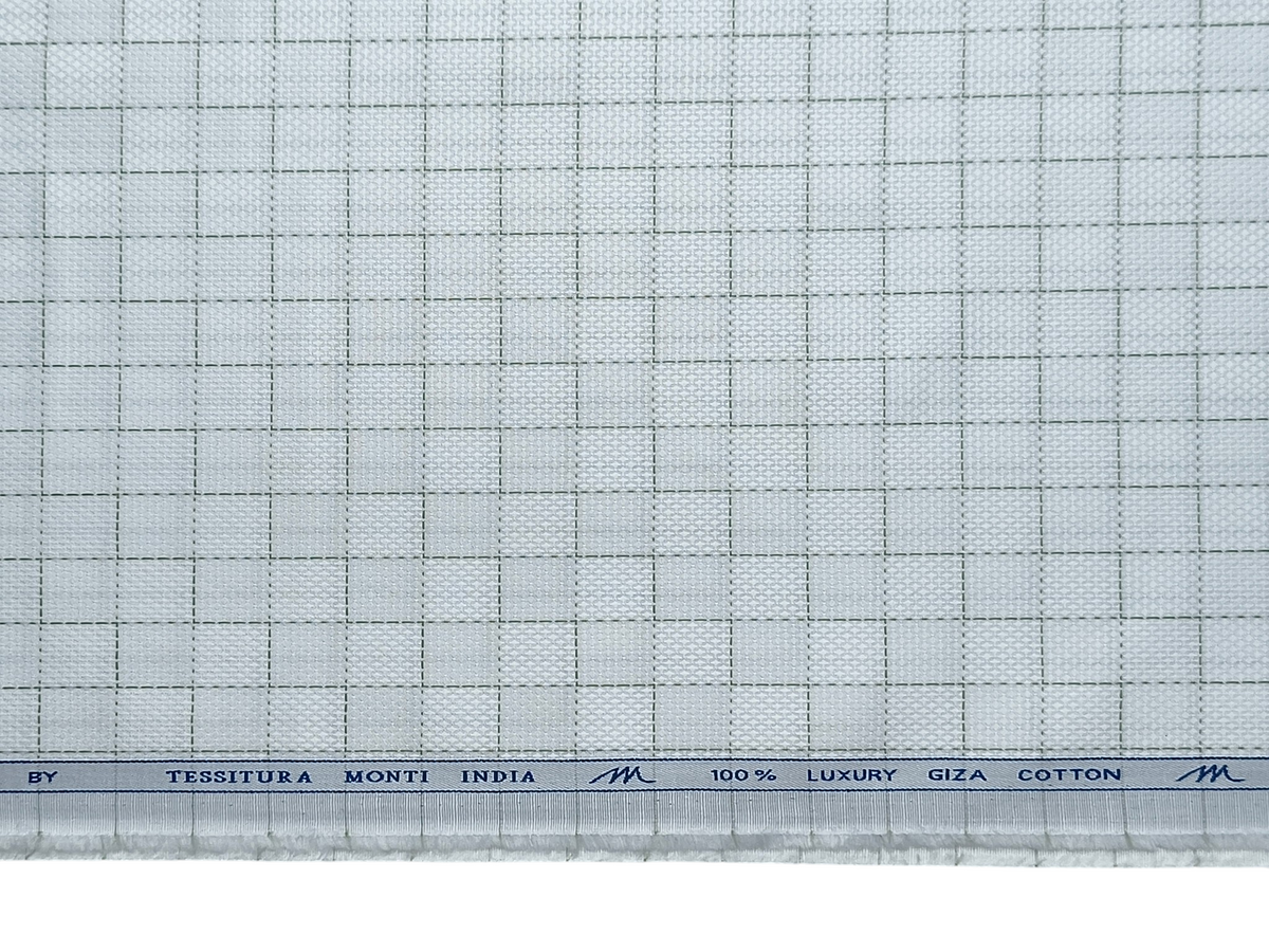 Tessitura Monti 2/80s Premium Giza Cotton Shirting Fabric (White & Green, Patterned Checks)