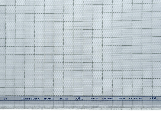 Tessitura Monti 2/80s Premium Giza Cotton Shirting Fabric (White & Green, Patterned Checks)