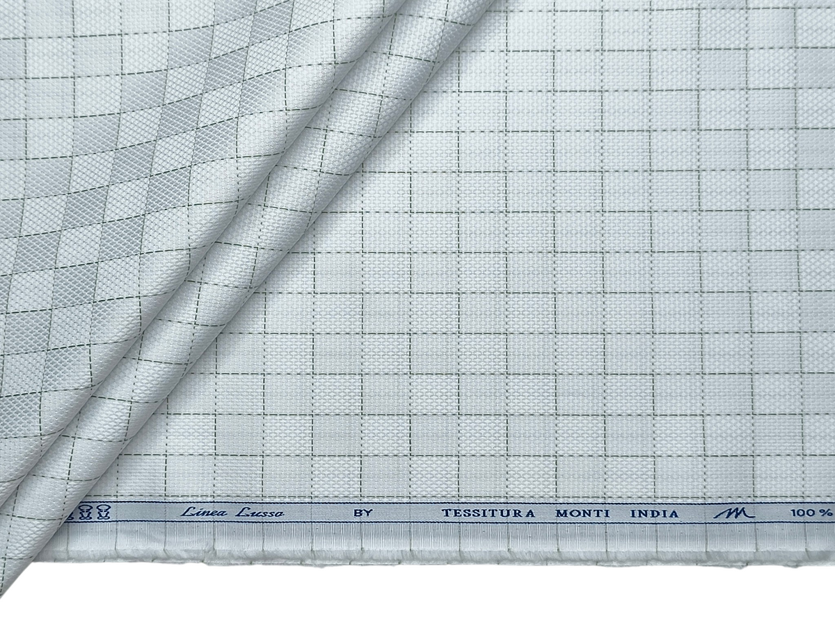 Tessitura Monti 2/80s Premium Giza Cotton Shirting Fabric (White & Green, Patterned Checks)