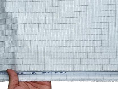 Tessitura Monti 2/80s Premium Giza Cotton Shirting Fabric (White & Green, Patterned Checks)