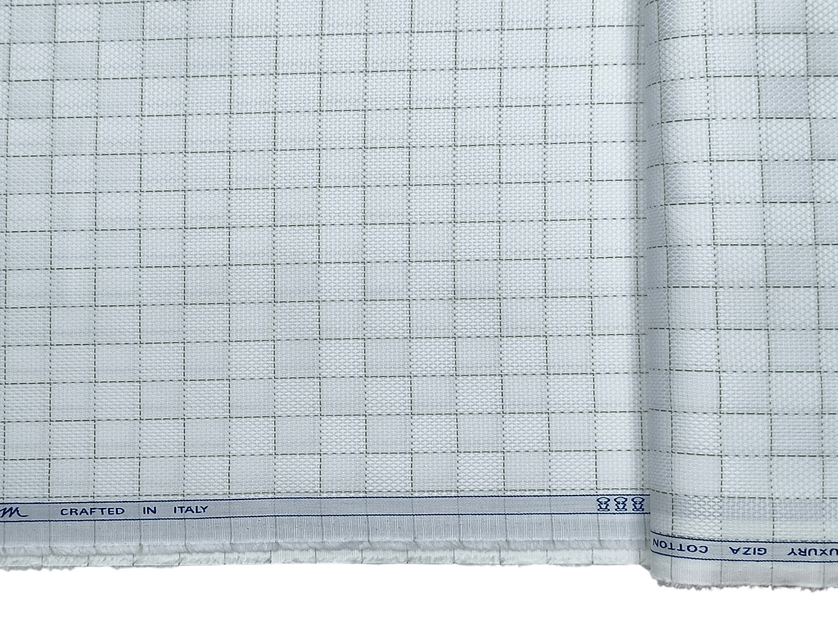 Tessitura Monti 2/80s Premium Giza Cotton Shirting Fabric (White & Green, Patterned Checks)