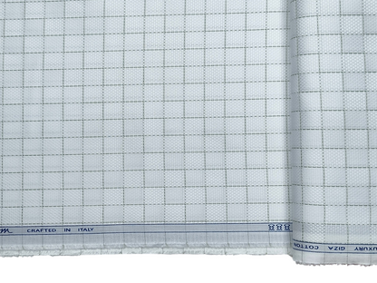 Tessitura Monti 2/80s Premium Giza Cotton Shirting Fabric (White & Green, Patterned Checks)