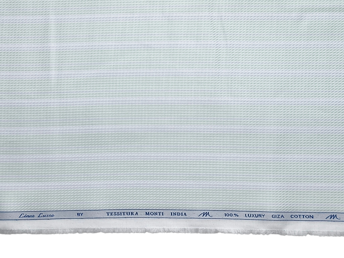 Tessitura Monti 100% Premium Giza Cotton Shirting Fabric (Green & Grey, Patterned Stripes)