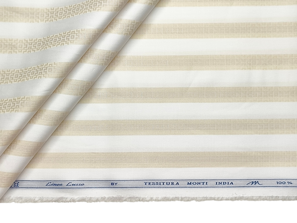 Tessitura Monti 100% Premium Giza Cotton Shirting Fabric (White & Golden, Patterned Stripes)