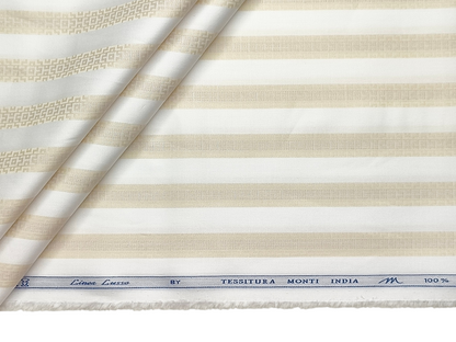 Tessitura Monti 100% Premium Giza Cotton Shirting Fabric (White & Golden, Patterned Stripes)