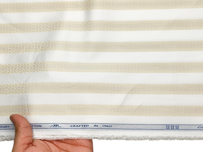 Tessitura Monti 100% Premium Giza Cotton Shirting Fabric (White & Golden, Patterned Stripes)