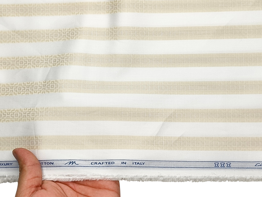Tessitura Monti 100% Premium Giza Cotton Shirting Fabric (White & Golden, Patterned Stripes)