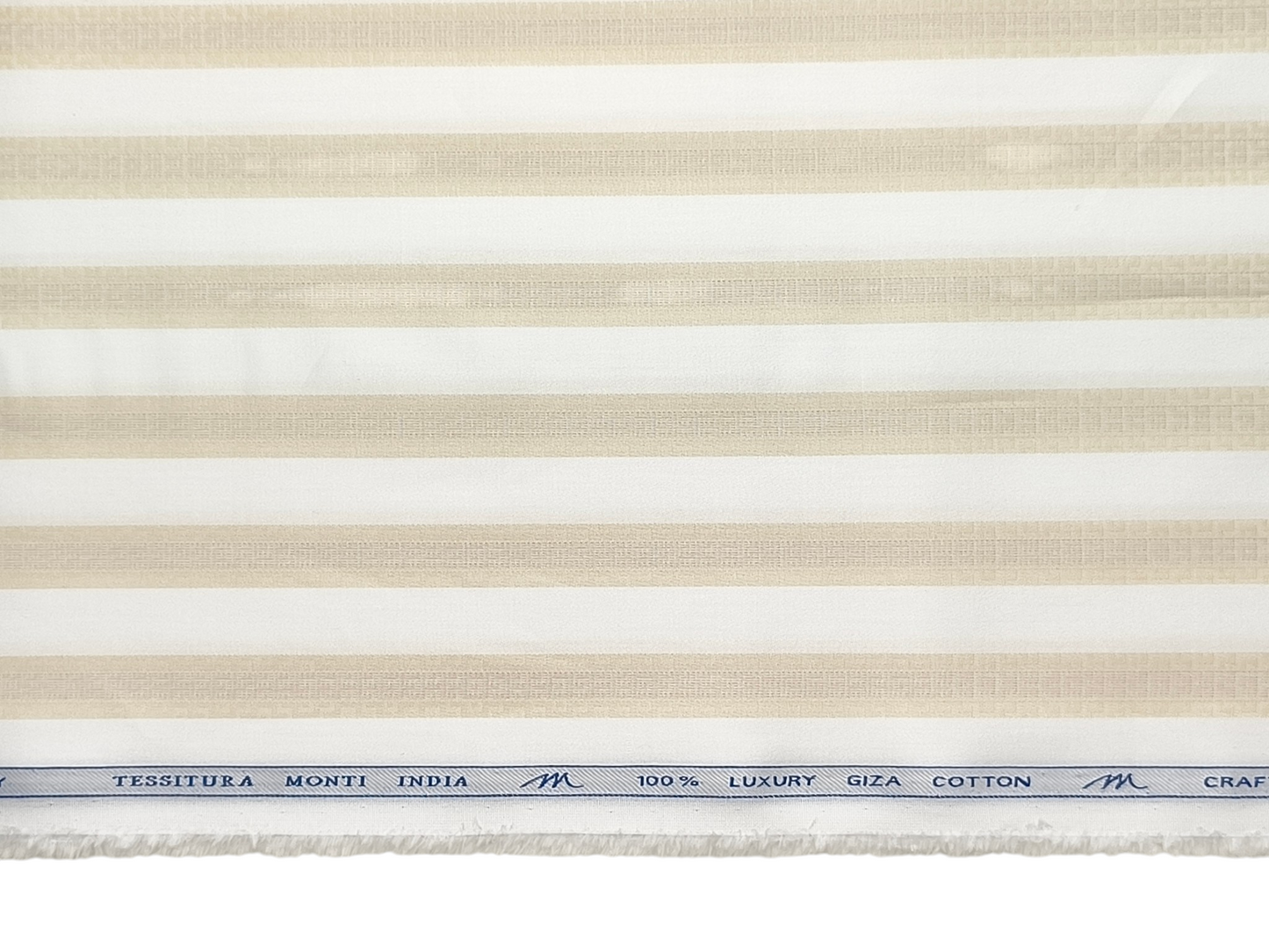 Tessitura Monti 100% Premium Giza Cotton Shirting Fabric (White & Golden, Patterned Stripes)