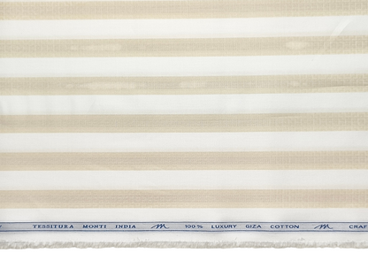 Tessitura Monti 100% Premium Giza Cotton Shirting Fabric (White & Golden, Patterned Stripes)