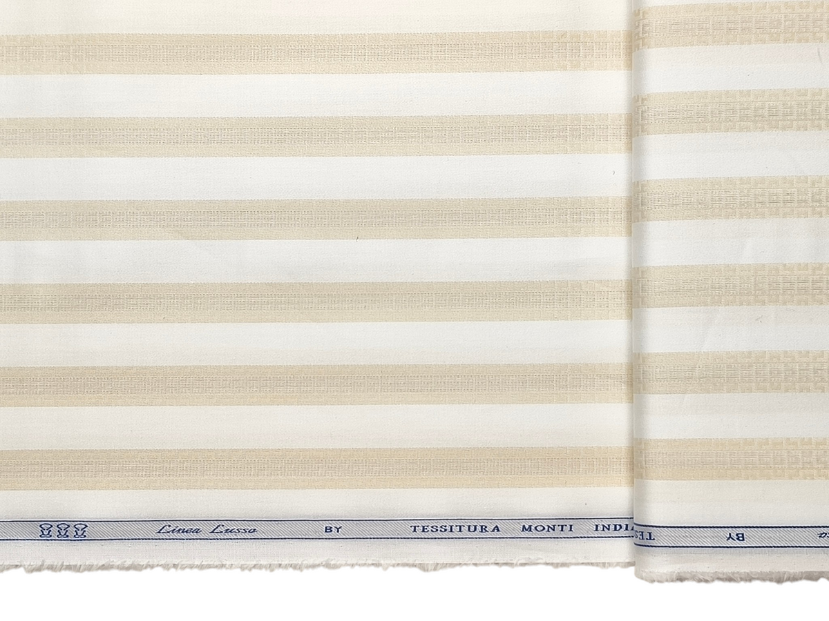 Tessitura Monti 100% Premium Giza Cotton Shirting Fabric (White & Golden, Patterned Stripes)