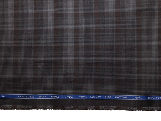 Tessitura Monti 100% Premium Giza Cotton Shirting Fabric (Charcoal Grey & Rust, Checks)