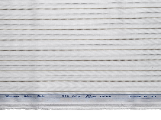 Tessitura Monti 2 ply 140s Premium Supima Cotton Shirting Fabric (White & Brown, Stripes)