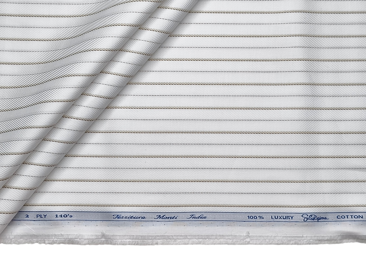 Tessitura Monti 2 ply 140s Premium Supima Cotton Shirting Fabric (White & Brown, Stripes)