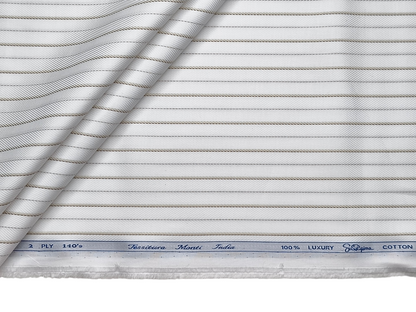 Tessitura Monti 2 ply 140s Premium Supima Cotton Shirting Fabric (White & Brown, Stripes)