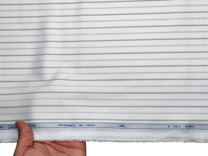 Tessitura Monti 2 ply 140s Premium Supima Cotton Shirting Fabric (White & Brown, Stripes)