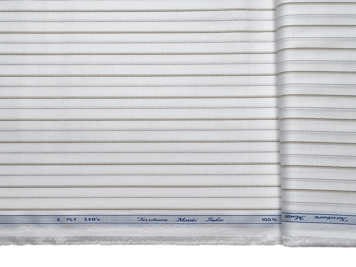 Tessitura Monti 2 ply 140s Premium Supima Cotton Shirting Fabric (White & Brown, Stripes)