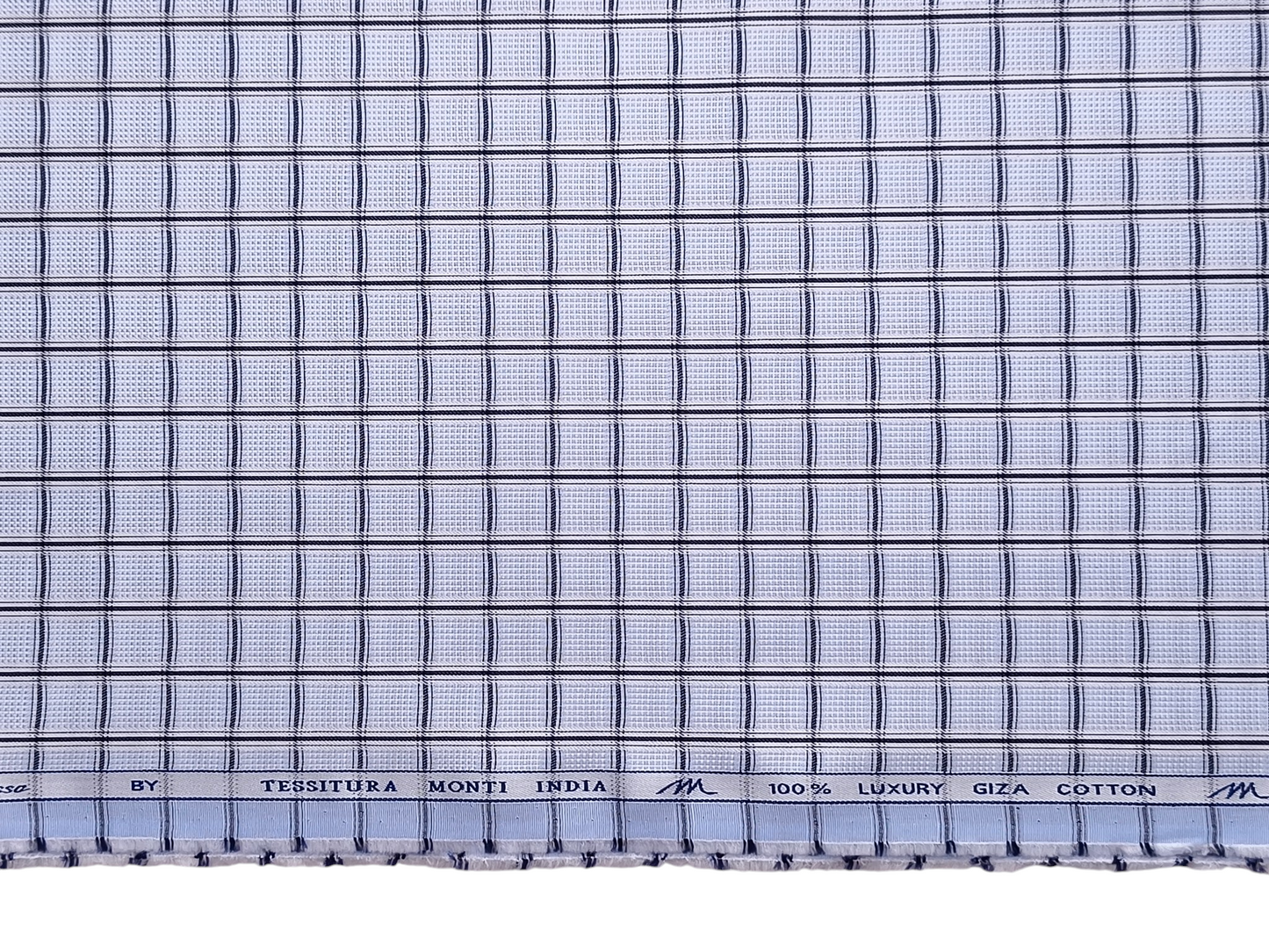 Tessitura Monti 2/80s Premium Giza Cotton Shirting Fabric (Sky Blue & Black, Patterned Checks)