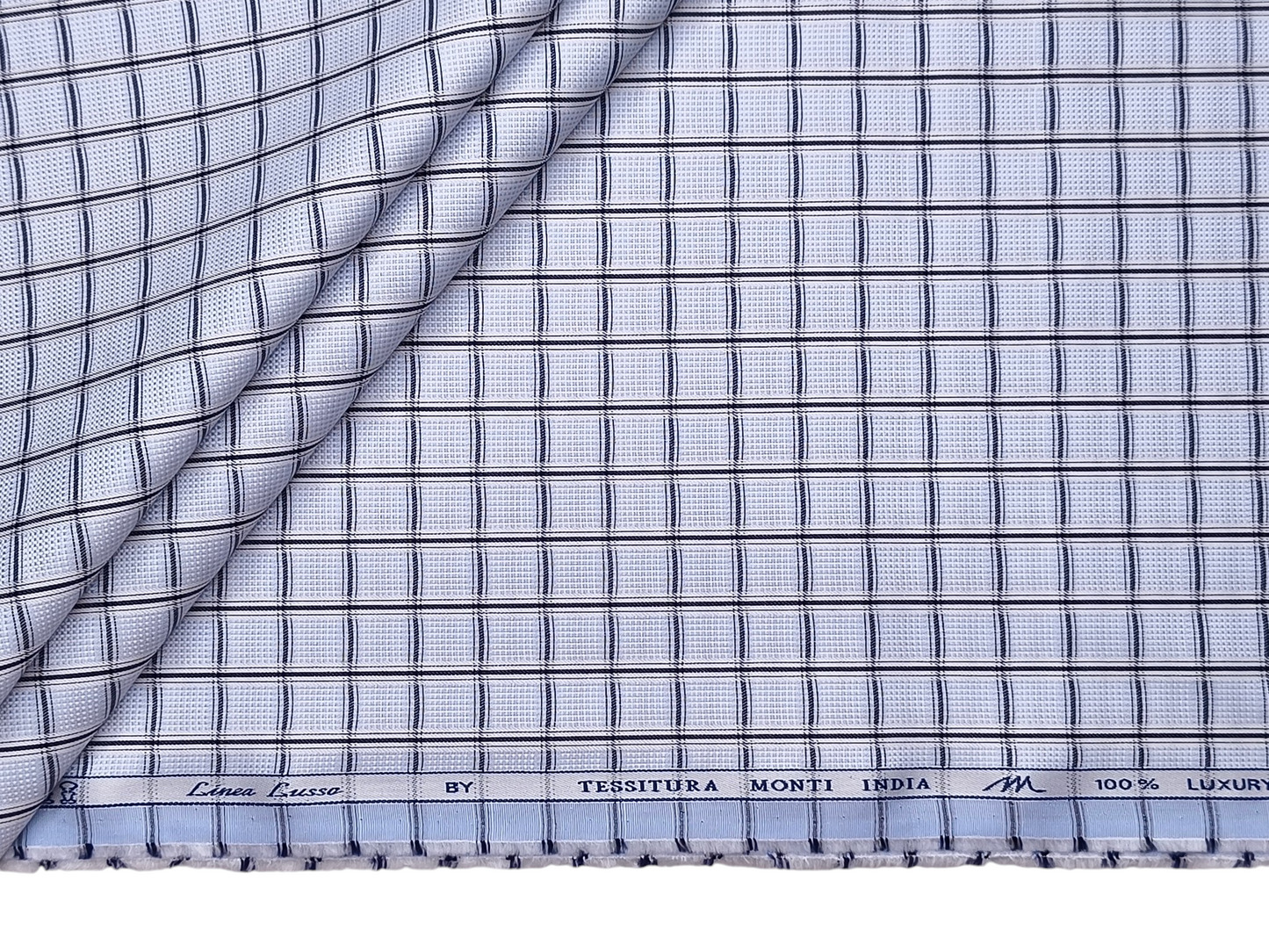 Tessitura Monti 2/80s Premium Giza Cotton Shirting Fabric (Sky Blue & Black, Patterned Checks)