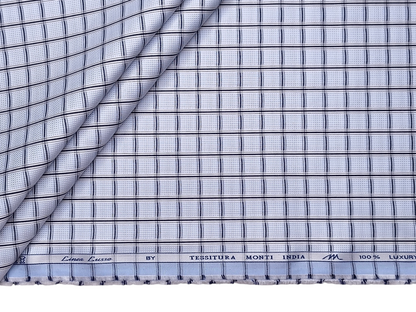 Tessitura Monti 2/80s Premium Giza Cotton Shirting Fabric (Sky Blue & Black, Patterned Checks)