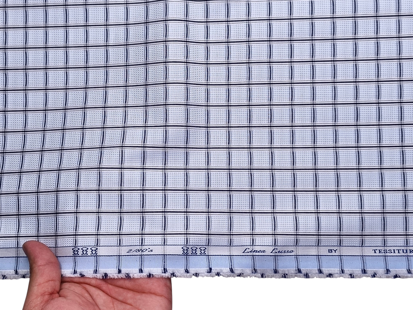 Tessitura Monti 2/80s Premium Giza Cotton Shirting Fabric (Sky Blue & Black, Patterned Checks)