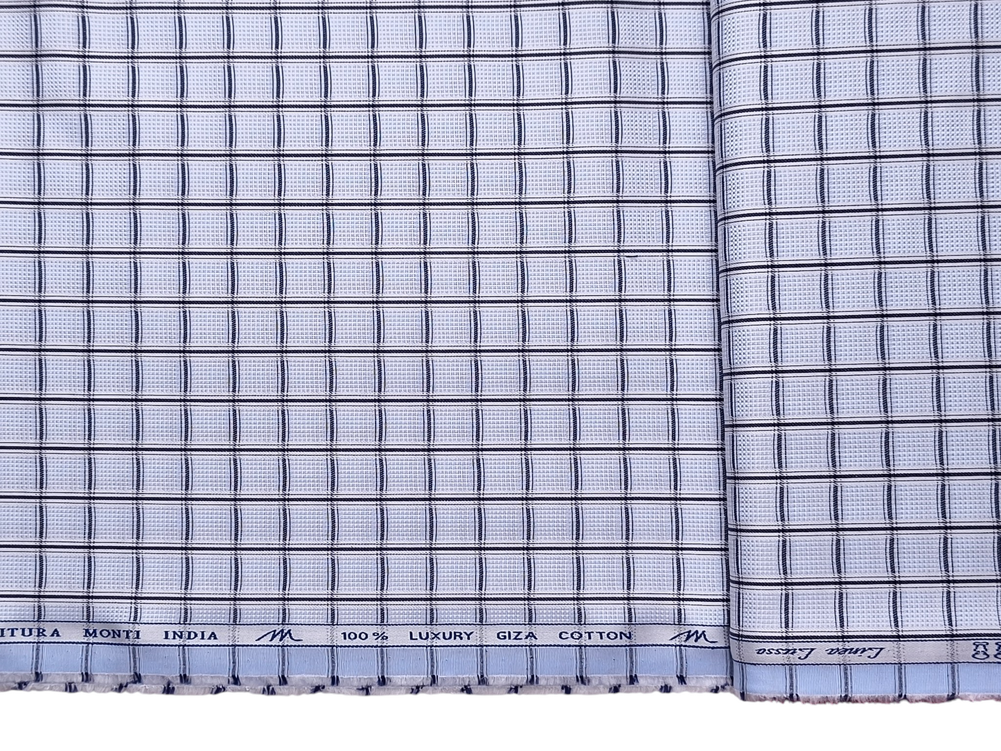 Tessitura Monti 2/80s Premium Giza Cotton Shirting Fabric (Sky Blue & Black, Patterned Checks)