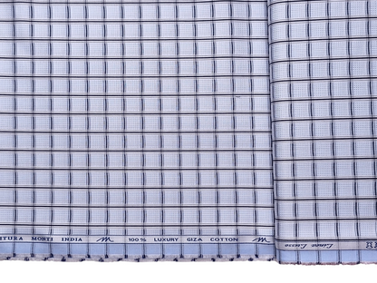 Tessitura Monti 2/80s Premium Giza Cotton Shirting Fabric (Sky Blue & Black, Patterned Checks)