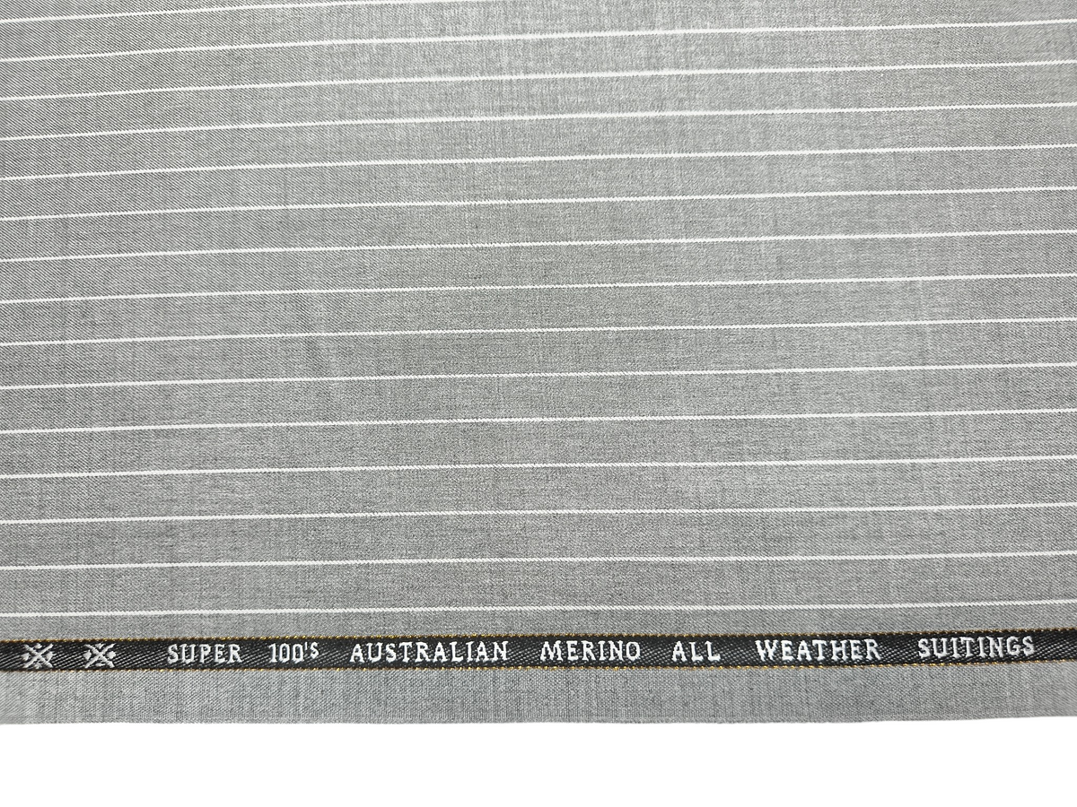 Cavalero Florence Italy Super 100s Merino Wool Blended Suiting Fabric (Light Grey, Pinstripes)