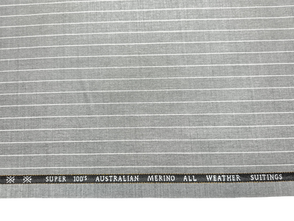 Cavalero Florence Italy Super 100s Merino Wool Blended Suiting Fabric (Light Grey, Pinstripes)