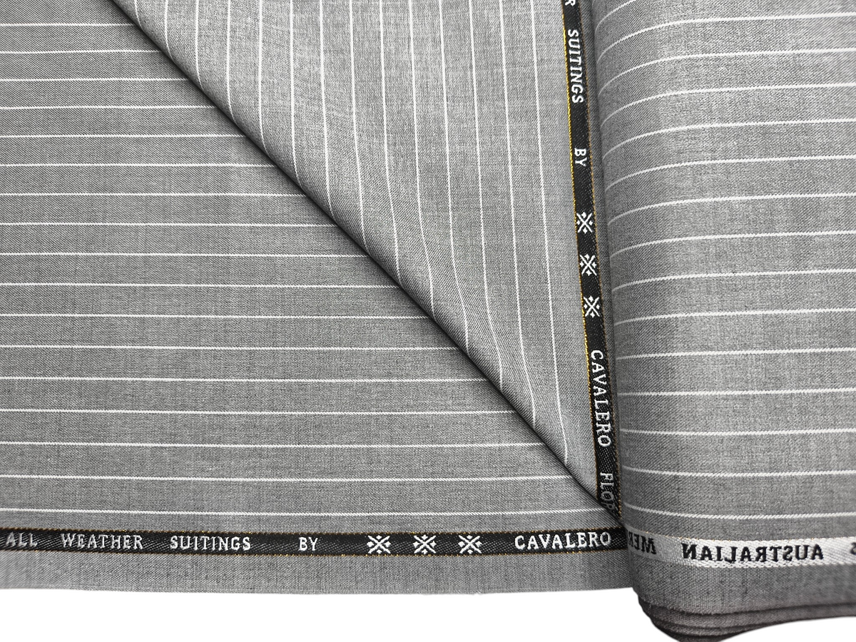 Cavalero Florence Italy Super 100s Merino Wool Blended Suiting Fabric (Light Grey, Pinstripes)