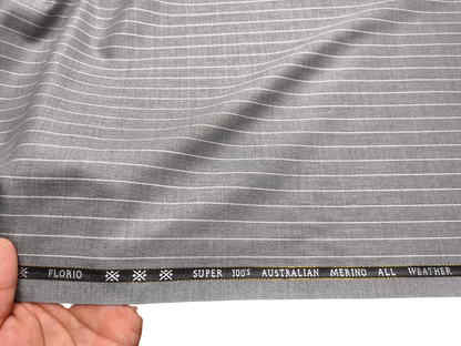 Cavalero Florence Italy Super 100s Merino Wool Blended Suiting Fabric (Light Grey, Pinstripes)