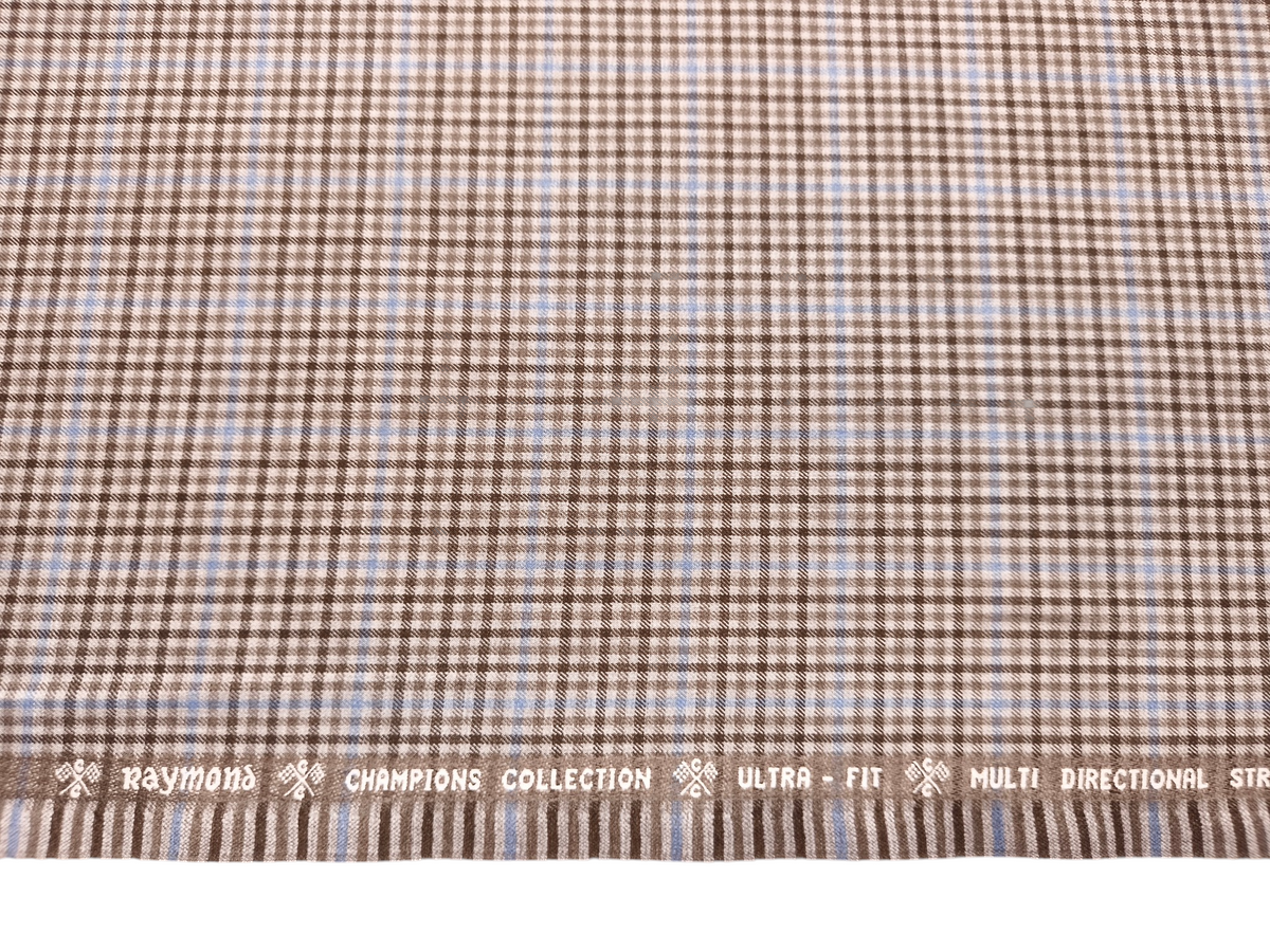 Raymond Ultra - Fit Champions Collection Super 90s Wool Blended Stretched Suiting Fabric (Light Brown & Blue, Checks)