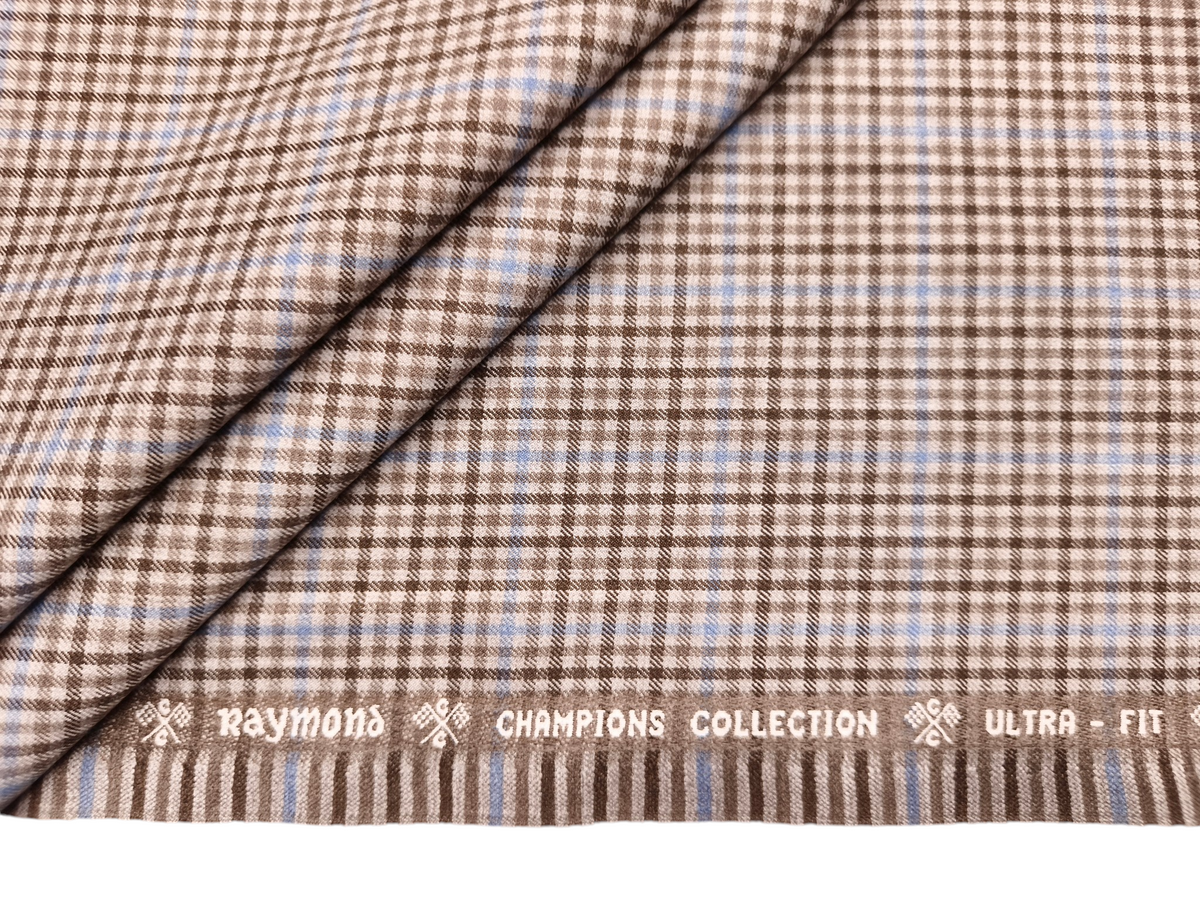 Raymond Ultra - Fit Champions Collection Super 90s Wool Blended Stretched Suiting Fabric (Light Brown & Blue, Checks)