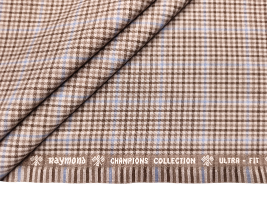 Raymond Ultra - Fit Champions Collection Super 90s Wool Blended Stretched Suiting Fabric (Light Brown & Blue, Checks)